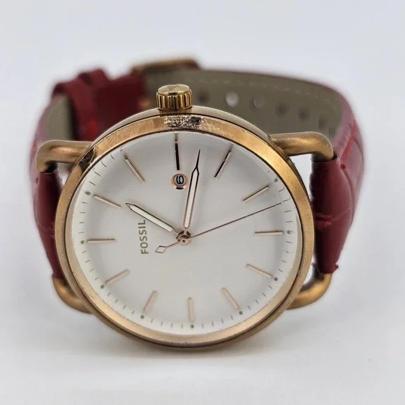 Fossil Women Watch 34MM Gold Dial Date New Red Leather Bands New Battery - Picture 7 of 16